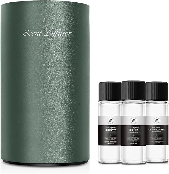 Waterless Essential Oil Diffuser Starter Kit - No Water Needed, Battery Operated Mini Scent Air Machine, Included 3x20ML Essential Oils, Portable Aromatherapy Diffuser for Home & Car & Office, Green