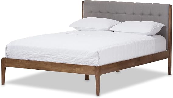 Baxton Studio Denise Mid-Century Wood Platform Bed, Full, Light Grey/Medium Walnut Brown