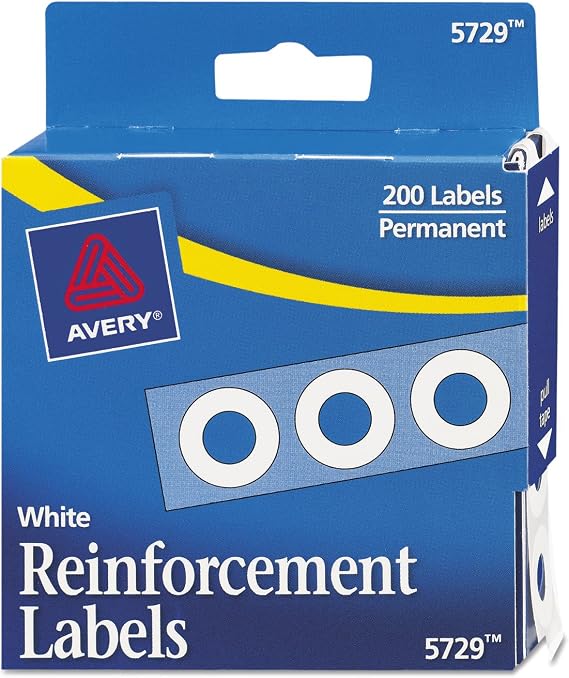 Dispenser Pack Hole Reinforcements, 0.25" Dia, White, 200/Pack, (5729)