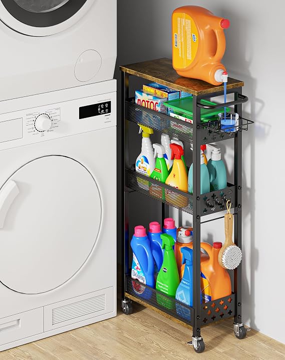 OKZEST Slim Laundry Room Organization Cart with Detergent Dispenser Holder