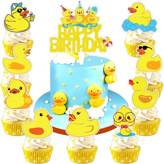 Duck Cake Topper Picks, 25 PCS Rubber Yellow Duck Cupcake Toppers