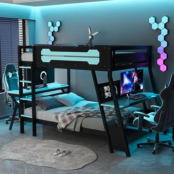 Polibi Full Over Full Bunk Bed with 2 Built-in Gaming Desks, USB Charging Ports & Pegboard Organizer, Heavy-Duty Gaming Bed Frame for Teens/Adults, Blue (Full Size)