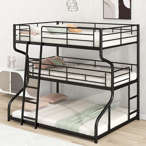 Metal Triple Bunk Bed Full XL Over Twin XL Over Queen Size, Stylish Triple Bunk Bed Frame with Safety  for Adults Kids Teens, Sturdy Slats Support, Maximize Space (Black)