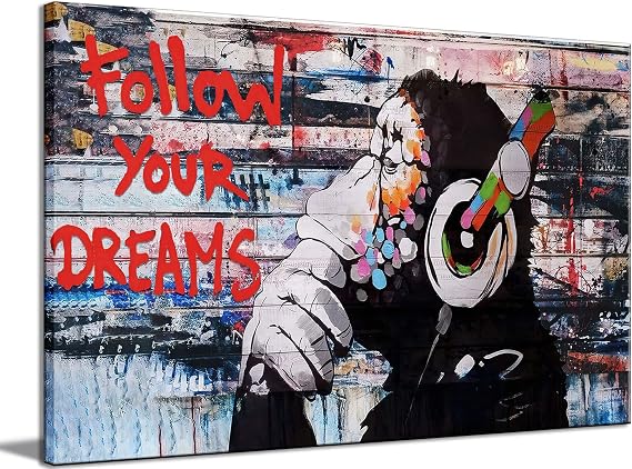 Framed Banksy Graffiti Canvas Wall Art Follow Your Dreams Monkey Poster With Headphones Prints Street Painting Picture Man Cave Wall Decor Pop Art for Living Room Ready To Hang 12" Wx16 H (30x40cm)
