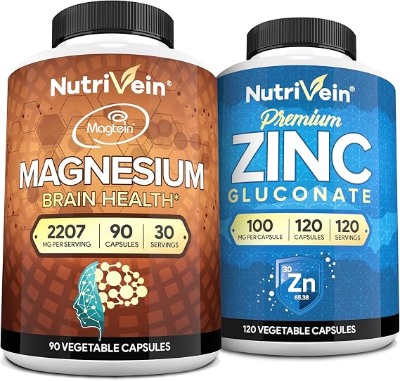 Nutrivein Premium Magnesium L-Threonate & Zinc Gluconate Supplements Bundle: High Absorption Zinc Gluconate + Magnesium Threonate Supplement Pair for Whole-Body Wellness, Defenses, Balance
