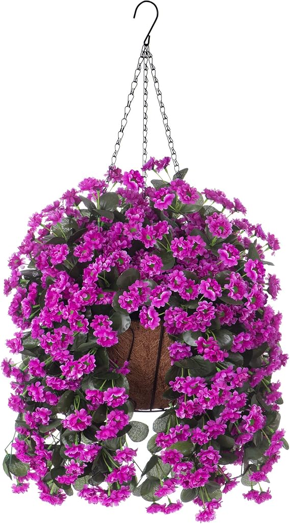 INXUGAO Hanging Baskets Artificial Flowers for Outdoor Interior Decor, Artificial Daisies Flowers Shrubs Plants with Baskets for Home Porch Garden Patio Patio Spring Summer Decor(Violet)
