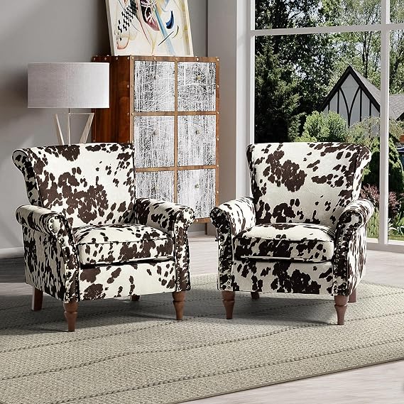 HULALA HOME Traditional Patterned Accent Chairs with Solid Wood Legs, Cowhide
