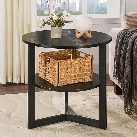 Large Round End Table with Storage Shelf, Rustic Beside Tables with Umbrella Top,Traditional Circular Sofa Side Table, 25.2D Telephone Table for Living Room Easy Assembly Brushed Black CJZ3338BK