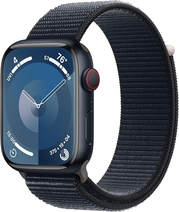 Apple Watch Series 9 [GPS + Cellular 45mm] Smartwatch with Midnight Aluminum Case with Midnight Sport Loop. Fitness Tracker, Blood Oxygen & ECG Apps, Always-On Retina Display, Carbon Neutral