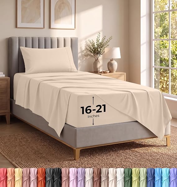 Extra Deep Pocket Twin Sheet Set - 3PCs Fits Up to 21 Inches - Beige