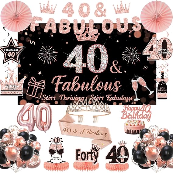 40th Birthday Decorations for Women, Black and Rose Gold 40th Birthday Decorations Set with Crown, Sash, Banner, Backdrop, Balloons, Cake Topper, 40 Years Old Party Supplies