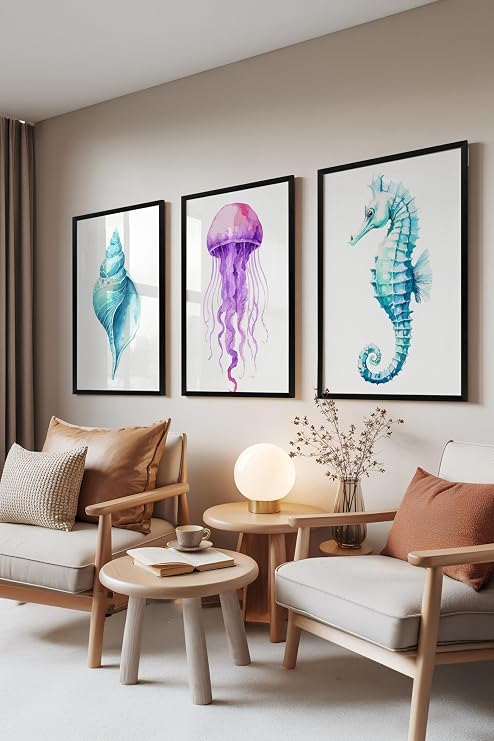 Zestia Siyah Çerçeveli 3’lü Tablo Seti, Deniz Canlıları – Midye, Denizanası, Denizatı, Salon Set No: 30075 15 x 21