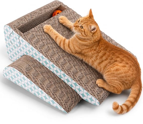 PrimePets Cardboard Cat Scratcher Ramp with Ball, 2 Sizes Cat Scratch Pads | Nesting Triangle Design, with 17"x11" and 11"x11" Corrugated Scratchers, for Space-saving Natural Scratching, with Catnip