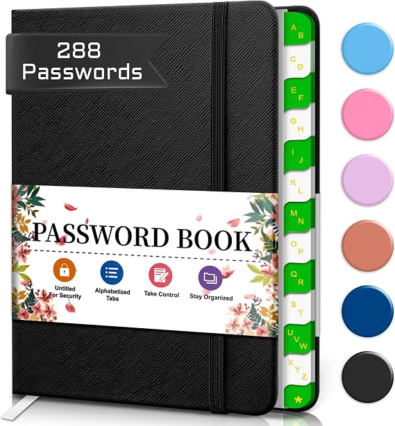 BLESWIN Password Keeper Book with Alphabetical Tabs Small Password Log Book for Seniors & Home Office, Internet Password Organizer Notebook for Websites & Apps, Portable Pocket Size Journal-Black