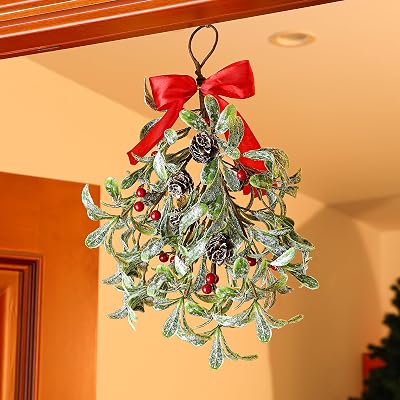 12  Large Christmas Mistletoe Decor Xmas Holiday Artificial Mistletoe Giant Kissing Hanging Bouquet Christmas Ornament with Sprigs Red White Berries for Xmas Floral Garland1 Pcs,Red