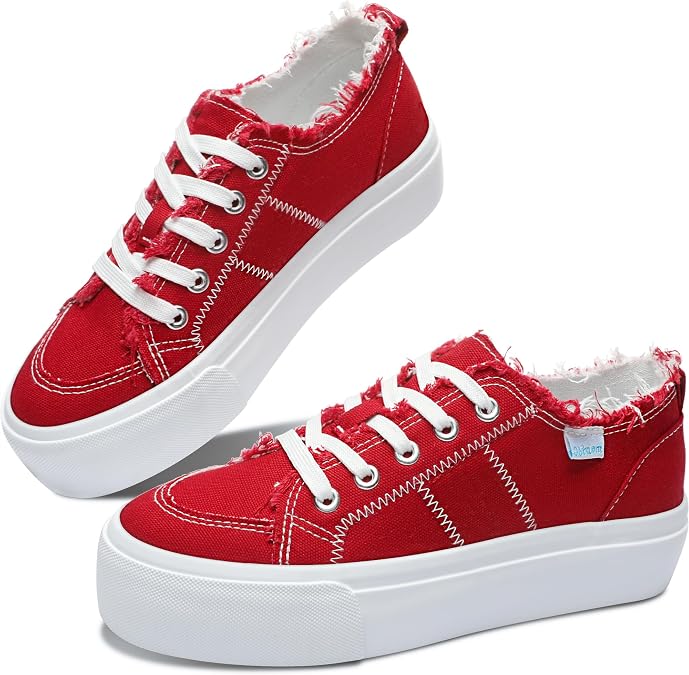 Obtaom Women Platform Canvas Sneakers White Comfort Play Fashion Sneakers Casual Lift Platform Lace Up Shoes Cute Low Top Walking Shoes for Lady