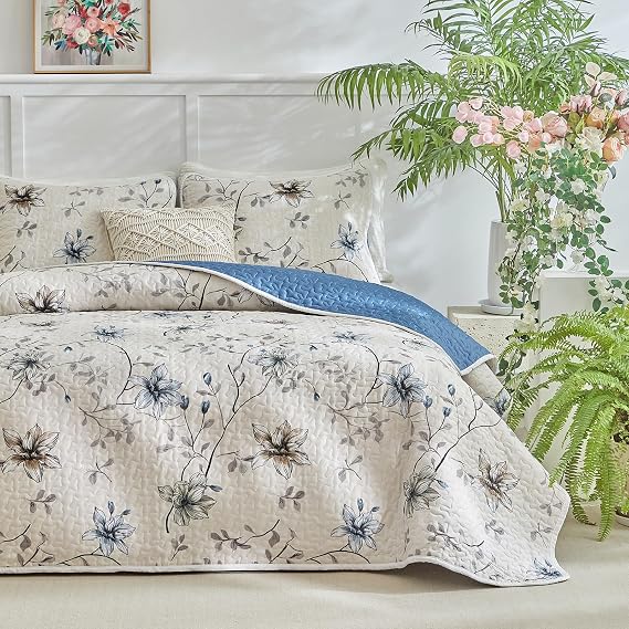 Floral Quilt Set Queen 2 Pieces Twin Size Reversible Botanical Spring Flower Quilt Bedding Set,Microfiber Lightweight Bedspread, Coverlet Set for All Seasons