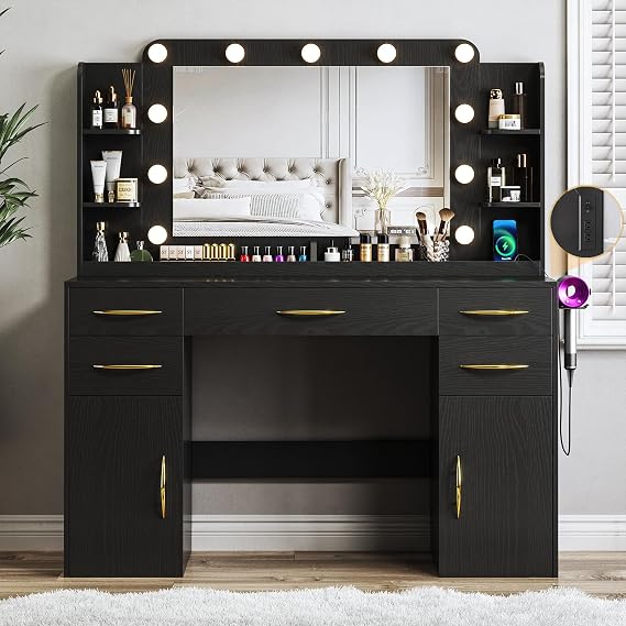ALEXNUTRE Makeup Vanity Desk with Lights, 45.5" Large Vanity with Mirror and Lights in 3 Models, Vanity with Power Outlet, Vanity Desk with 5 Drawers, 2 Cabinets, Shelves for Bedroom, Black