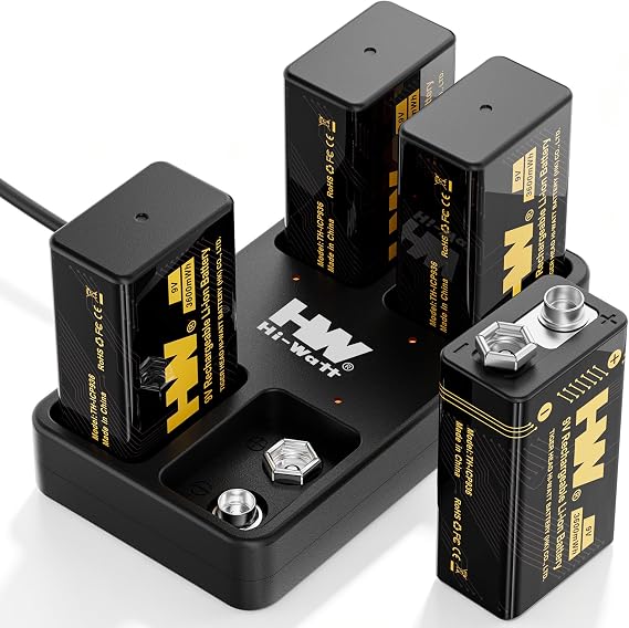 HW 9V Batteries,[4-Pack] 3600mWh Rechargeable 9 Volt Battery with Charger Square Li-ion Betaria for Smoke Detectors/Alarms/Medical Devices/Guitar Pedals/Toys