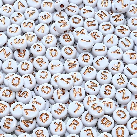Amaney 1000pcs 74mm White Round Acrylic with Rose Gold Alphabet Letter Beads for Jewelry Making