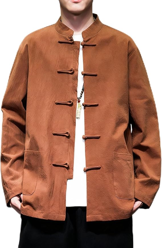 Chinese Traditional Clothes Tang Suit Men Hanfu Long Sleeve Top,Kung Fu Jacket Tai Chi Arts Uniform (US, Alpha, 3X-Large, Regular, Regular, Brown)