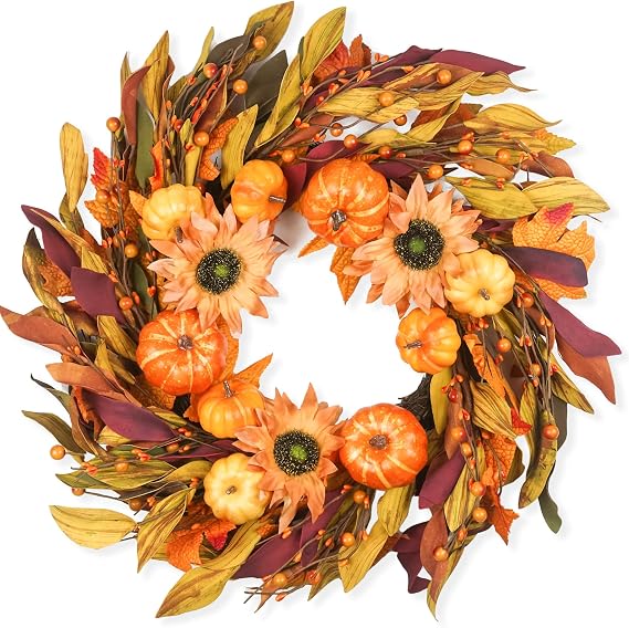 HomeKaren Fall Wreaths for Front Door 22 Inch, Autumn Wreath with Berry Pumpkin, Maple Leaves, Thanksgiving Harvest Festival Decorations Indoor and Outdoor