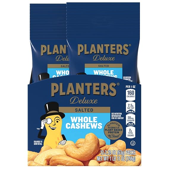 PLANTERS Deluxe Salted Whole Cashews, Plant Based Protein, 2.25 Oz (10 Ct) | Roasted Cashews. Snacks for Adults, 10 Snack Packs. Plant Based Protein Snack. Pantry Staples