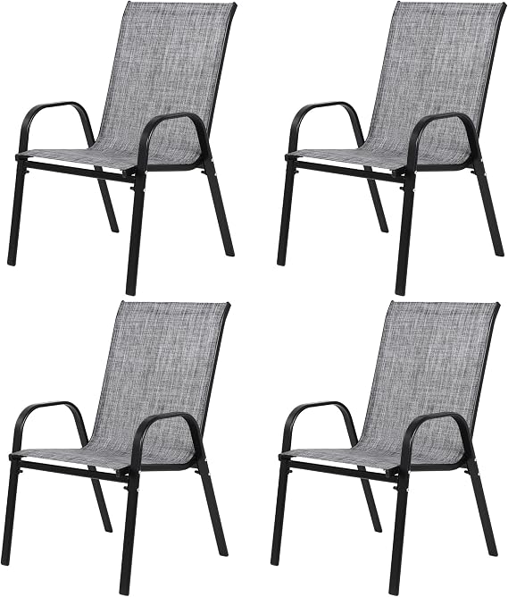 Grey Outdoor Patio Chairs Set of 4, Stackable Dining Chairs with Breathable Fabric & Metal Frame, Camping Lawn Chairs, Patio Furniture Set for Garden Backyard Deck Pool