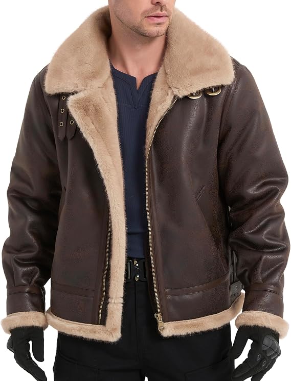 Mens Fur Outdoor Jacket Leather Bomber Shearling Cosplay Coat Brown | Engineered with soft, warm faux fur, this durable tactical outerwear provides comfort for outdoor adventures and comic con