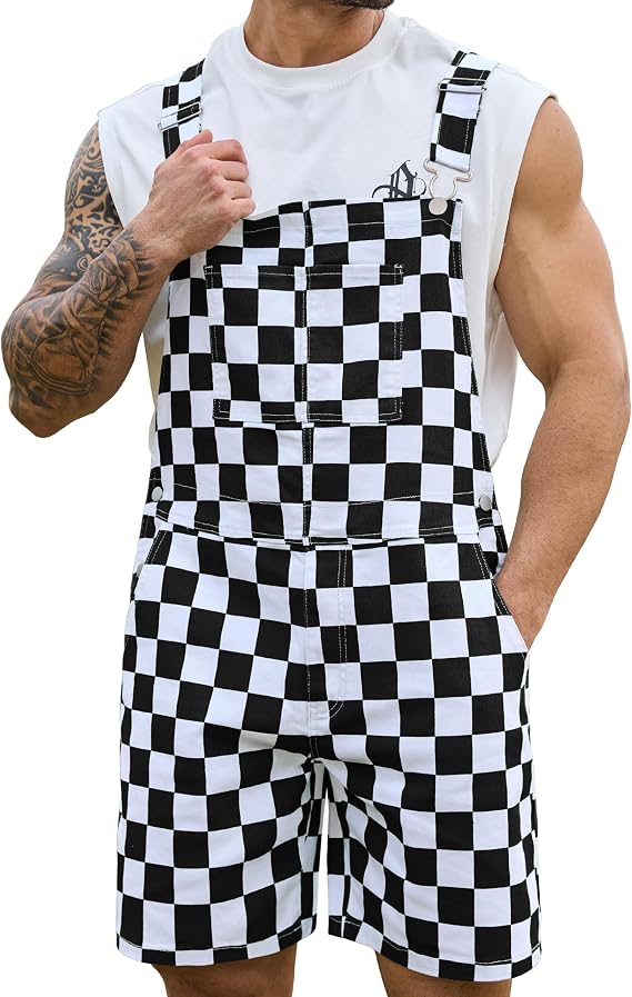 Shorts Overalls for Men Checkered Romper Bibs Coveralls