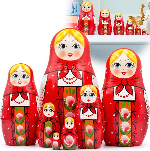 Nesting Dolls Set of 7 pcs - Baboushka Russian Dolls in Hand Painted Red Head Scarf and Sarafan Dress with Ornaments - Matryoshka Nesting Dolls -