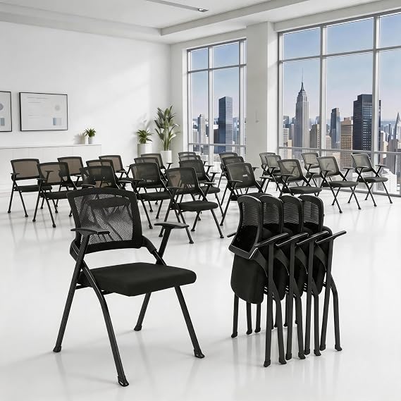 Folding Office Chair Conference Room Chair with Armrest Mesh Back, Stackable Foldable Office Chair for Guest Reception Meeting Classroom Training Seminar (6, Black)