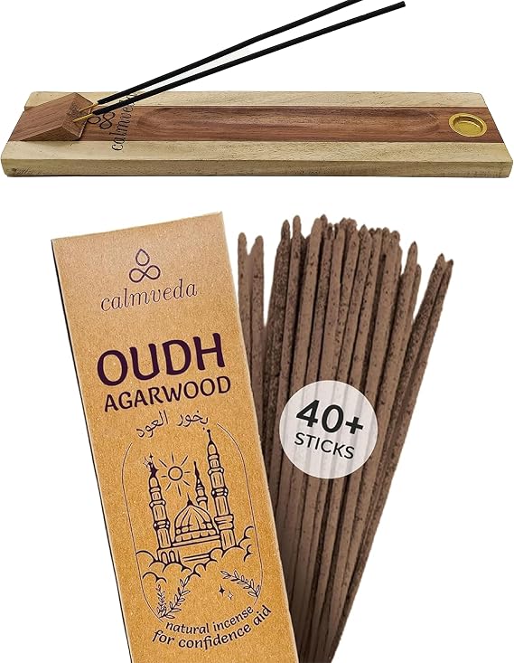 Mystic Oud Agarwood Incense Sticks- with Rosewood Incense Holder (40 Sticks + 1 Holder) | Beautiful Natural Incense and Holder Combo for Home Decor and Spiritual Practice