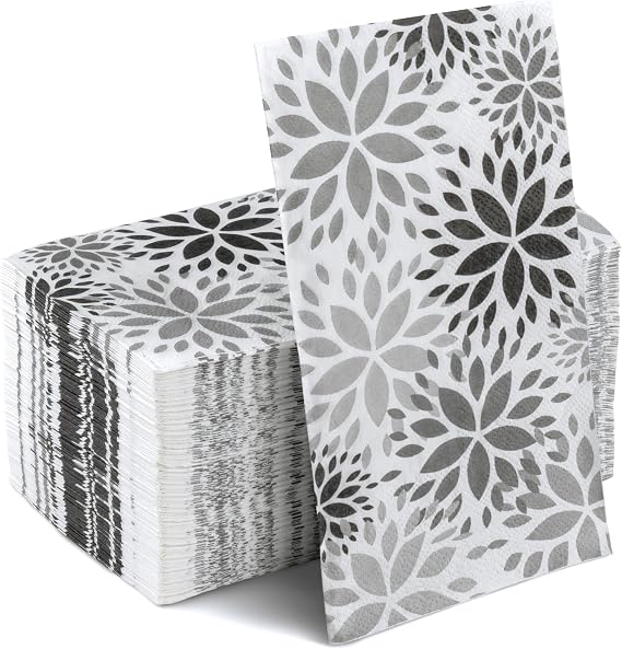 100 Pcs Black & Gray Dahlia Pattern Disposable Napkins Spring Summer Dinner Guest Towels 3 Ply Bathroom Hotel Hand Tissue Paper for Picnic Holiday Birthday Anniversary Party Table Supplies