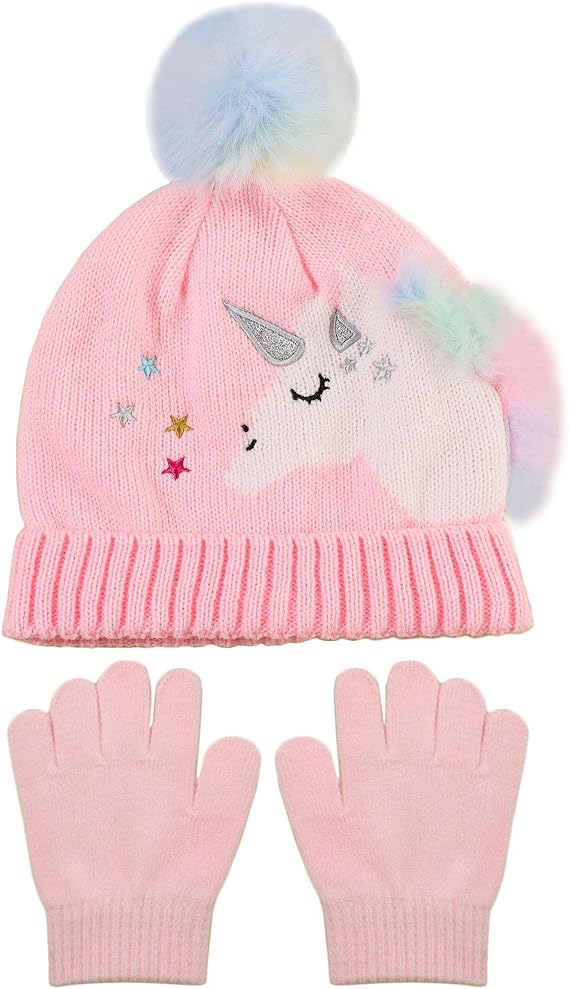 Toddler Kids Girls Winter Knit Unicorn Beanie Hat and Gloves Set with Pom Pom Age 2-8 Yrs