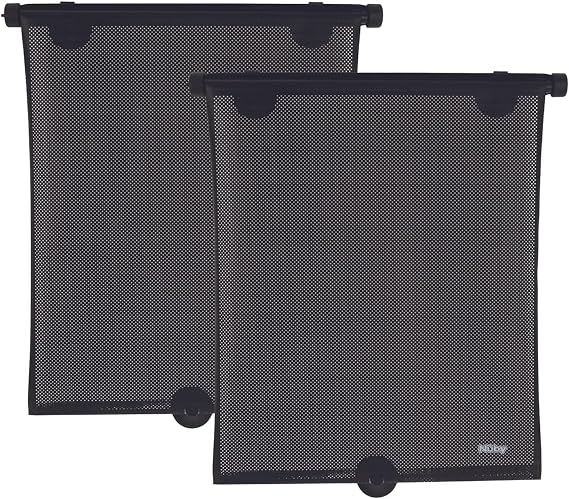 Nuby 14" Roller Vehicle Side Window Sun Protection Shade for Baby | 2 Pack | Pull Down with Suction Cups and Press Button Roll Up | Black