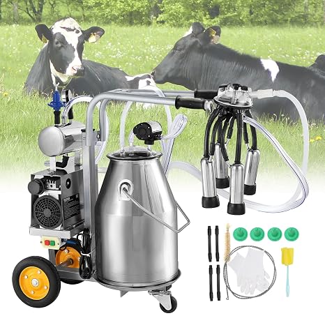 VEVOR Electric Cow Milking Machine, 6.6 Gal / 25 L 304 Stainless Steel Bucket, Automatic Pulsation Vacuum Milker, Portable Milker with Food-Grade Silicone Cups and Tubes, Adjustable Pressure