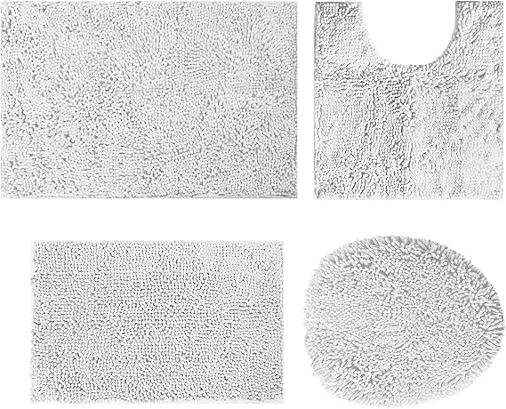 Bathroom Rugs Sets 4 Piece Chenille Bath Mat Set,Ultra Absorb Bathroon Rugs with Toilet Lid Cover,Machine Washable Bath Mats for Bathroom,White