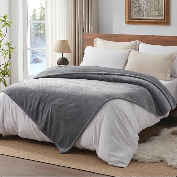 Westinghouse Heated Blanket Twin Soft Flannel with 10 Levels Light Grey