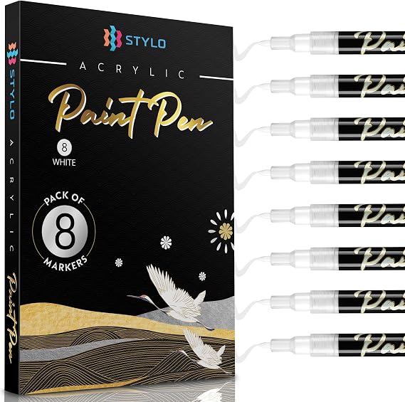 Stylo White Acrylic Paint Pens, 8 White Paint Markers, Fine Tip