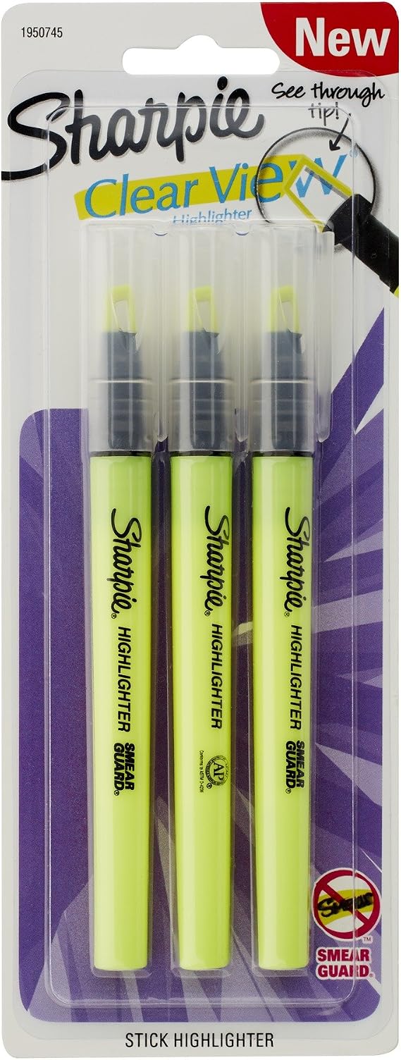 Sharpie Clear View Highlighter Stick, Yellow, 3/Pack (1950745)
