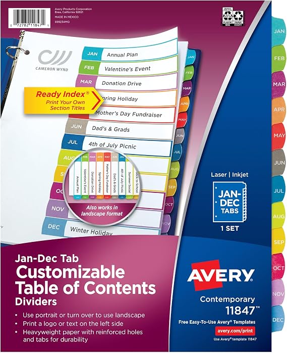 Avery Table of Contents Dividers, Jan-Dec Tab, Multicolor, 1 Set