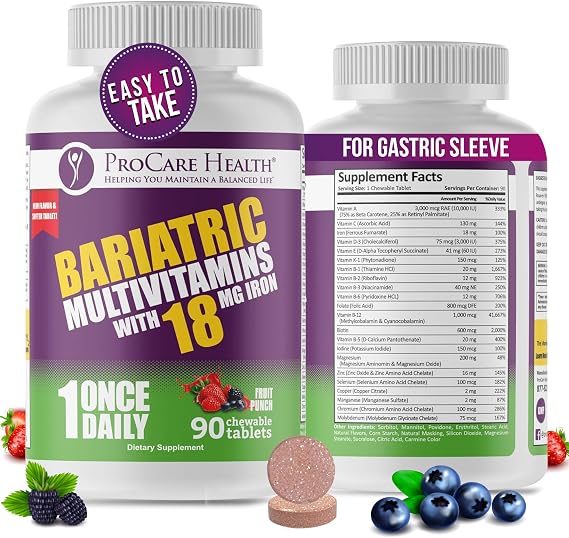 Core-18 Bariatric Multivitamin | Fruit Punch | Chewable | 90ct | Once Daily Bariatric Multivitamin with Iron 45mg Chewable Tablets for Gastric Bypass, Sleeve & Post-Op Support - Made in USA