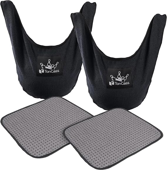 TonGass (2+2 Pack 10"x8" Microfiber Bowling Ball Towel Shammy Pad with Easy-Grip Dots, Bowling Seesaw Bag for Storage Balls, Bowlings Polisher Bag Machine Washable & Non-Slip