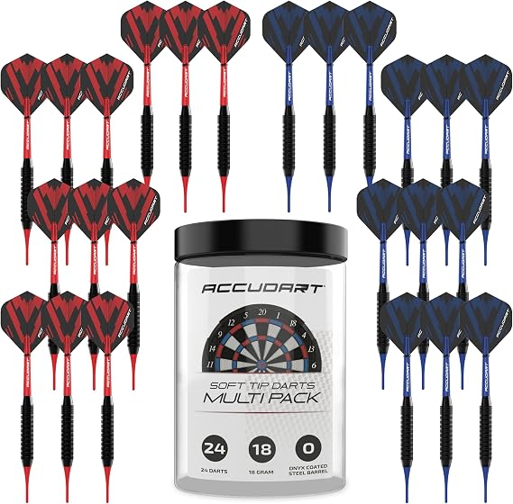 Accudart 24Pack Soft Tip Dart MultiPack Onyx Coated Barrels, Polycarbonate Shafts, Standard Poly Flights 16Gram Soft Tip Darts for Electronic Dartboards