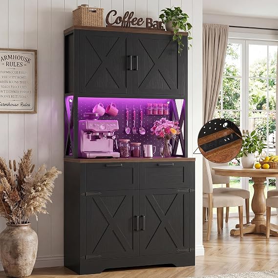 Unikito 71" Tall Kitchen Pantry Cabinet with Microwave Countertop, Black