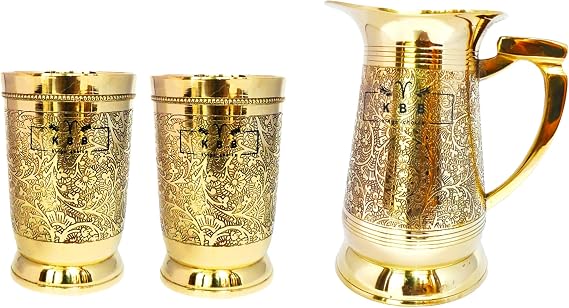 KBB Brass Jug and Glass MUGHAL Etching Finish Home Decor Gift Tableware (1 jug+ 2 Glass)