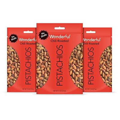 Wonderful Pistachios No Shells, Chili Roasted Nuts, 11 Ounce Bag Pack of 3, Protein Snacks, Gluten Free Food, Healthy Snacks for Adults