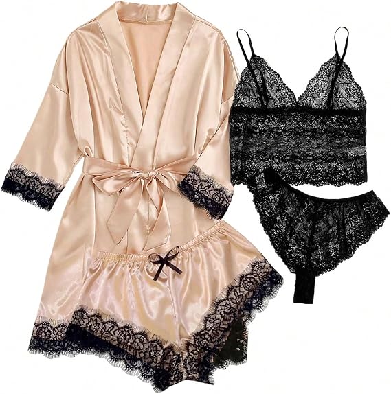 Women's Satin Pajama Set 4PCS Floral Lace Cami Tops Lingerie Lounge Sleepwear with Silk Robe Sexy Nightwear Loungewear