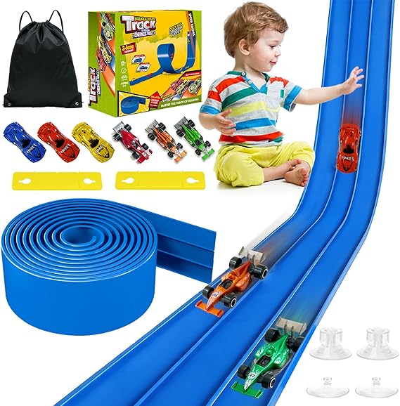 3-Lane Flexible Race Track for Kids - 20FT Flex Race Car Ramp Track with Strong Suction Cups, Rolls Up Portable DIY Racetrack Compatible with Hot Wheels & Diecast 1/64th Cars